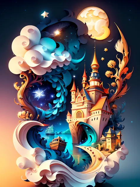 (((masterpiece))),best quality, illustration, sky, cloud, water, star (symbol), tree, no humans, night, bird, moon, building, star (sky), night sky, scenery, starry sky, watercraft, castle, ship, swirling, whirling, spiral, braids, twirl, bioluminescent, w...