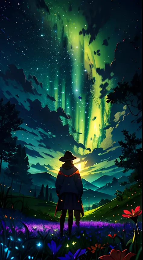 Wide landscape photos, (look from down, The sky is above, The vacant lot is below), (A girl standing on a flower field looking up), (full moon: 1.2), (meteors: 0.9), (Starcloud: 1.3), Distant mountains , green trees,artisanal art, (Warm light: 1.2), (Firef...