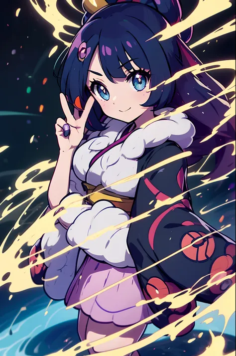 solo, anime girl with long dark purple hair, wearing a kimono jacket, ((pokemon trainer)), (pokemon girl), blue eyes, furisode, ...