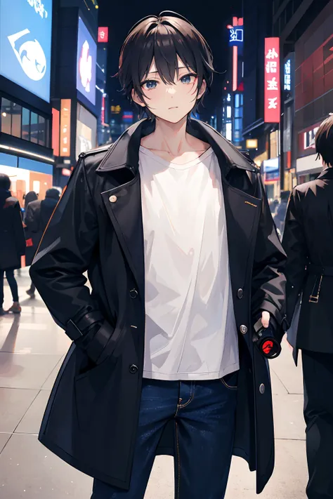 1 male human、age 30s、nightcity、Shinjuku、Sateen、trench coat、Pants are jeans、lowfers、Hairstyle Medium、eye glasses、animesque、Have a SLR camera