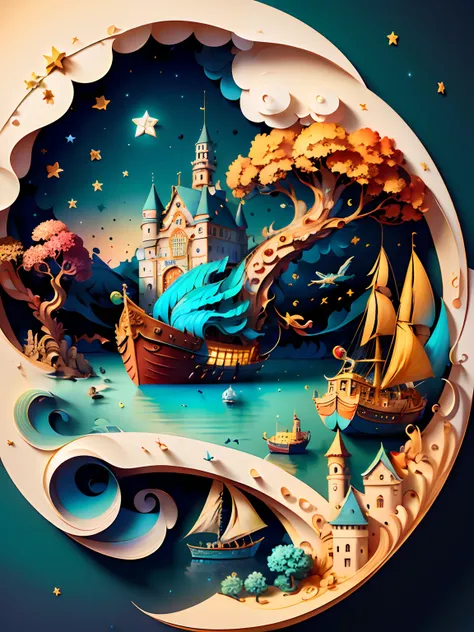 (((masterpiece))),best quality, illustration, sky, cloud, water, star (symbol), tree, no humans, night, bird, moon, building, star (sky), night sky, scenery, starry sky, watercraft, castle, ship, swirling, whirling, spiral, braids, twirl, waves, tower, boa...