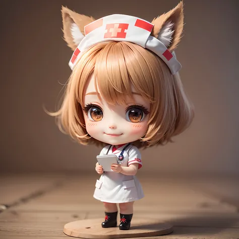 Chibi Chara、Bear girl wearing a nurses uniform、a smile、short-hair、Supremely precise