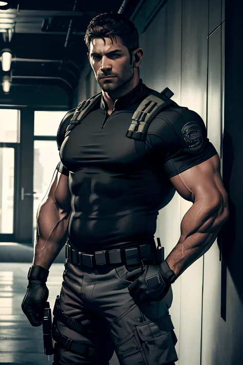 1 man, solo, 35 year old, chris redfield, wearing a grey t-shirt, smirks, black color on the shoulder and a bsaa logo on the sho...