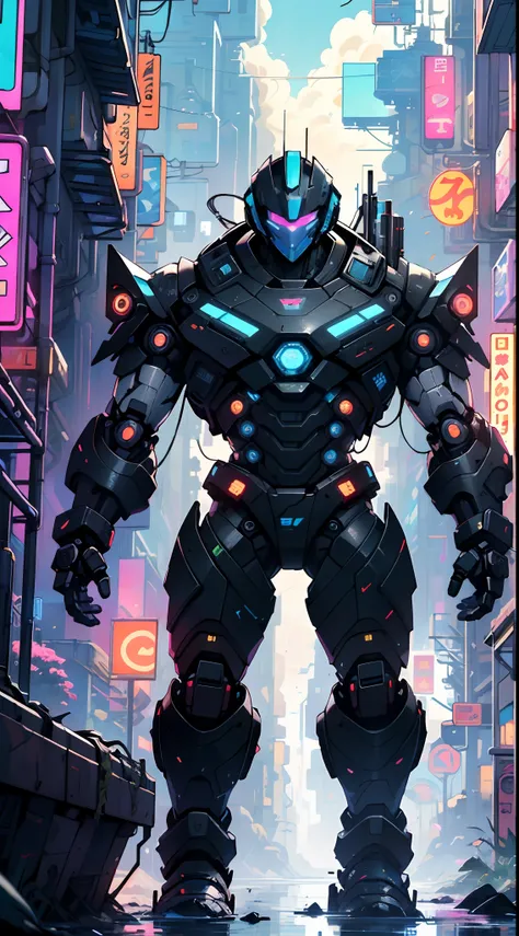 Imposing black plastic metal android robot,three meters tall,minimalist design,marked metallic musculature. His head is smooth and adorned with RGB lights,body is glossy black, RGB details, futuristic design,(((muscular))),hypermuscle, hyper muscles,carbon...