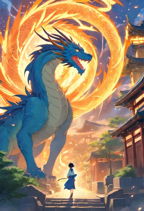 Encounter with the Ancestral Dragon: Illustrate the moment Hiro encounters the majestic Ancestral Dragon, unveiling the secrets of elemental energy, with intricate designs of magical energy