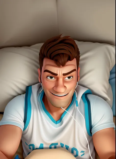 Homem deitado na cama com fones de ouvido, estilo Disney Pixar, alta qualidade,em alta qualidade