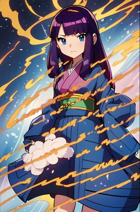 solo, pokemon girl with long dark purple hair, wearing a kimono cardigan, blue eyes, ((high quality)), (extremely detailed)