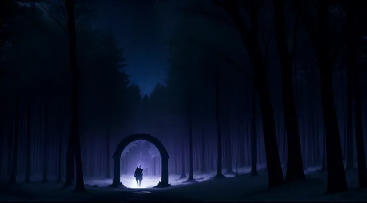 Envision a tranquil, mystical forest at dusk. A hidden portal to a realm of forgotten myths awaits. Illustrate a lone male deer silhouette, venturing to unveil the portal. Use a DSLR for sharp photography. Palette: moonlight silver, dusk purple, starlit bl...