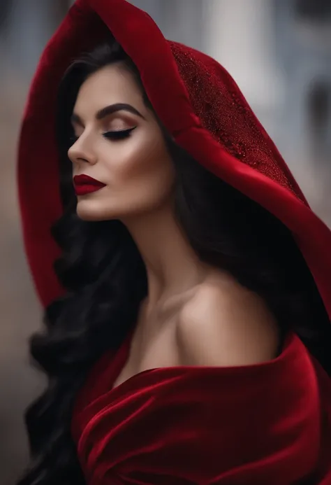 Mulher realista, com olhos azuis intimidadora, maquiagem forte, cabelos loiros ondulados, vestida com um vestido vermelho e preto decotado com detalhes dourados, a velvet hooded cape and a red rose in his hand. Maria Padilha, Cabaret