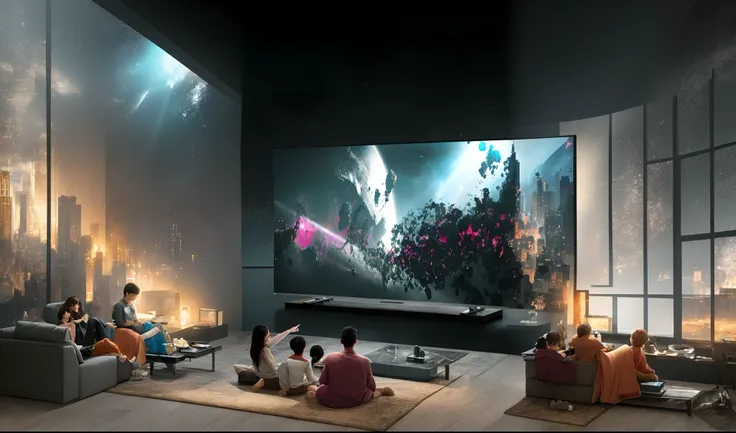 The Alafid family sits on the couch watching a movie on TV, You are 8K, black oled background, Sam, highly detailed 8k resolution, 8k resolution concept art, Qin Qin, 8 K resolution artwork, 8K resolution artwork, gamer screen on metallic desk, concept art...