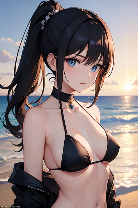 (Masterpiece: 1.2, Best Quality), (1 Lady, Solo, Upper Body: 1.2), Hair: Black Ponytail, Clothing: Black Micro Bikini, Hanging Out on the Beach at Dusk