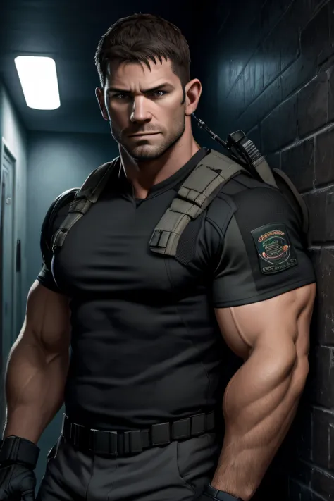 1 man, solo, 35 year old, chris redfield, wearing a grey t-shirt, smirks, looking at the camera, black color on the shoulder and...