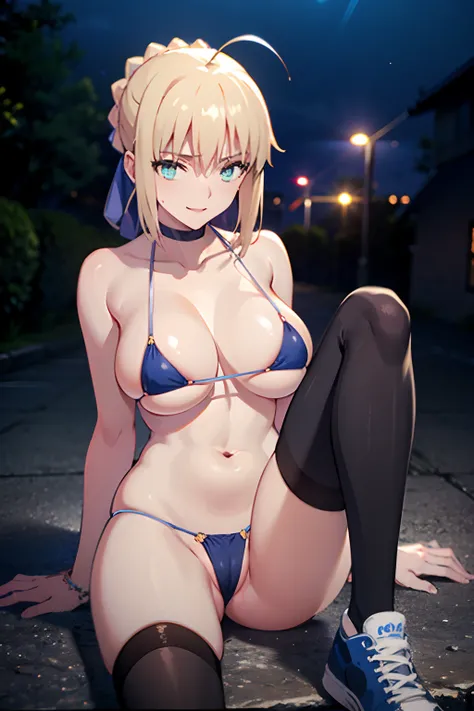 Best Quality, High resolution, distinct image, 8K,masuter piece、artoria、Lustrous skin、Beautiful and big breasts、shiny bikini、overknee socks、sneakers、NSFW,ssmile、Cam Drink、Downtown at night、sexy  pose