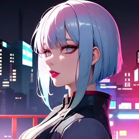 lucy (cyberpunk), 1girl, bangs, blue hair, colored tips, close up, grey eyes, jacket, long sleeves, looking at viewer, (from the side), right side face, (half face), medium hair, moon, multicolored hair, pursed lips, parted bangs, wink, pink hair, portrait...