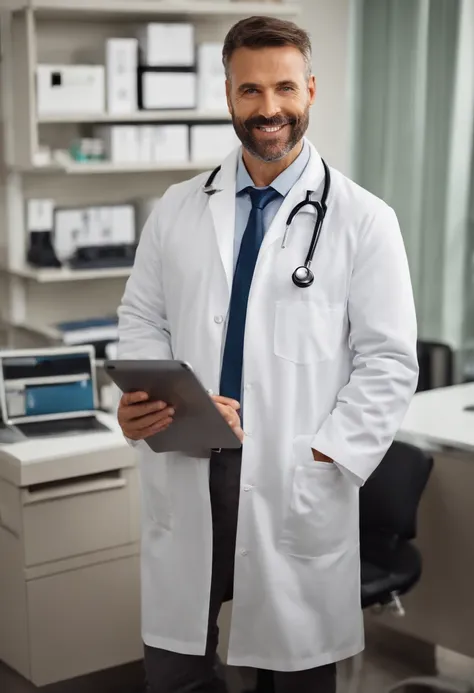 men 35 years,holding tablet, white coat, stethoscope around neck, medical office, sitting, looking straight at the camera, slight smile