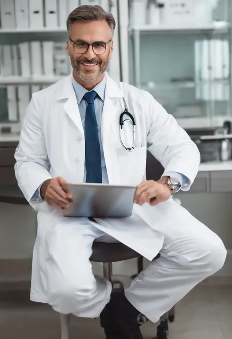 men 35 years,holding tablet, white coat, stethoscope around neck, medical office, sitting, looking straight at the camera, slight smile