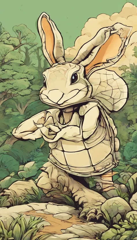 A commercial illustration with a good part in black, branco e verde-claro, There is a tortoise and a black and white hare behind the tortoise in an athletic race, em uma floresta cheia de folhas na cor verde-claro, with stones and the floor with neutral co...