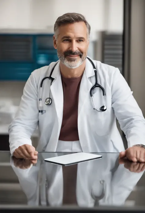 men 35 years,holding tablet, white coat, stethoscope around neck, medical office, sitting, looking straight at the camera