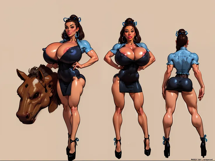 ((masterpiece)),(((best quality))),((character design sheet)), ((full body view)) ((native american girl)) mature face, defined cheekbones, high cheekbones, illustration, native girl, muscular, ((buckskins:1.4)), sexy bimbo, (gigantic breasts:1.7) black ha...