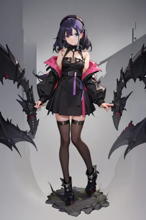 Cute green anime duck girl, black dress, spiked black goth platform boots, short black fluffy jacket, black and purple hair, silver-blue eyes