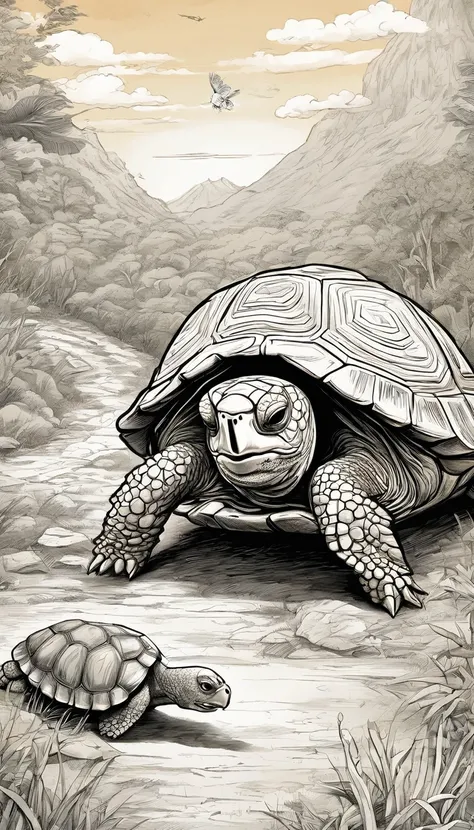 A commercial illustration with a good part in black, branco e verde-claro, In the middle of it is a tortoise and a light brown hare just behind highlighted on an athletics track, e muito peludo, excelling in the race due to the tortoise being in front of t...