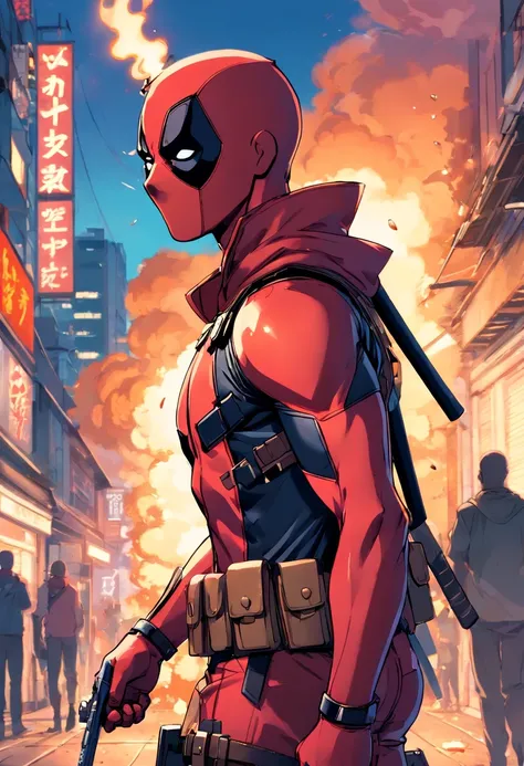 deadpool as a dog,marvel,action,character,anti-hero,superhero,masked,vigilante,mercenary,martial arts,fourth wall breaking,vulgar humor,breaking the fourth wall,red&black suit,detailed chest emblem,swords,guns,katanas,comic book style,highly detailed illus...