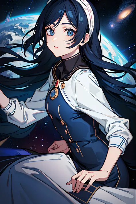 best quality, (masterpiece), Ultra-detailed, (novel illustration:1.2), (korean webtoon style:1.2), (bold line), (highres:1.2), dramatic light, 1girl, observatory, looking at space through long Telescope, space, planets, falling stars, light lines among pla...