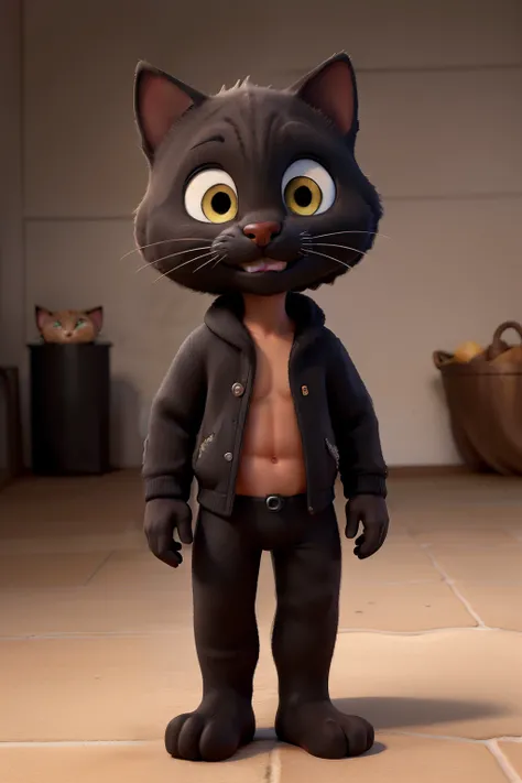 Um gato preto humanoide usando luvas brancas