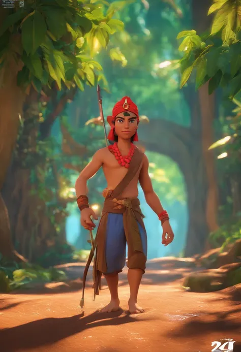 qualidade de imagem do filme，Disney Animation Style，An Indian boy in a red headdress in the forest with his bow pointing at the invader, tomando banho na cachoeira, cabelo preto curtinho liso e detalhado，peitoral nu, flossing genitalia，bare feet，profundida...