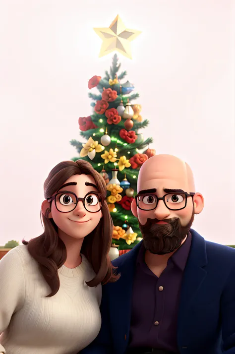 Young couple consisting of a bald young man with beard and reading glasses ,mulher jovem com sardas estilo disney pixar, alta qualidade , melhor qualidade