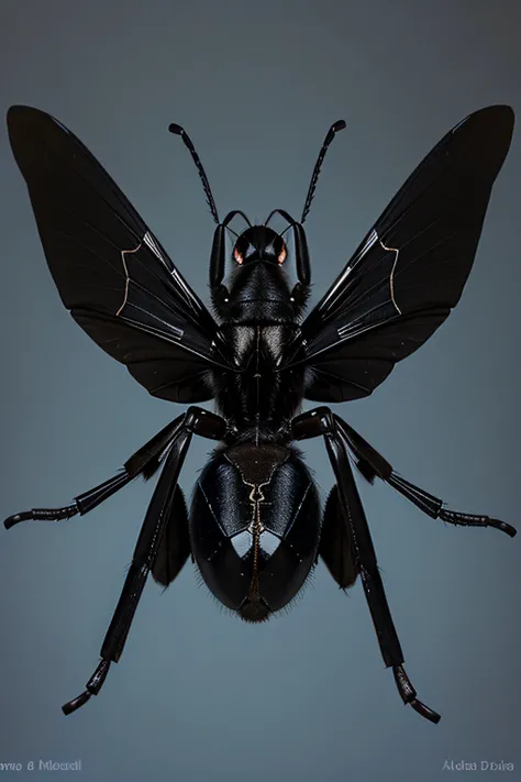 A black insect, with wings and 4 legs.