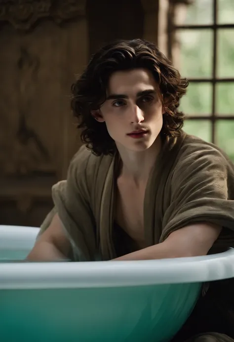 timothee chalamet as mulan with long hair in a bath being washed