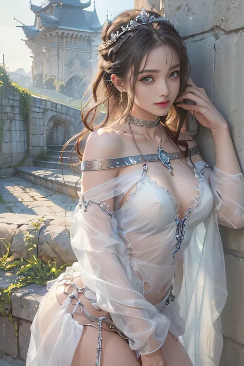 ((tmasterpiece:1.4)、(top-quality:1.4)、(reallistic:1.7))、By Luis Royo（By Luis Royo）Surreal portrait of a beautiful girl、Super beautiful girl、((1girl in:1.4))、Shiny natural skin texture、(The Queens Gorgeous Costume)、((Sheer off-the-shoulder white one-piece m...