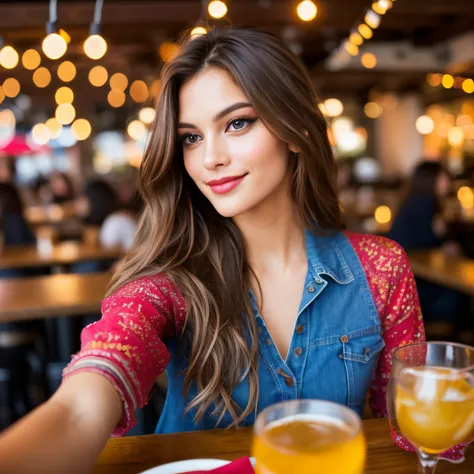 (best quality,realistic),brown hair,beautiful detailed eyes and lips, long hair flowing in the wind,girl taking a selfie in a vibrant restaurant,brown eyes,perfectly styled hair,modern and trendy atmosphere,stylish outfit,delicious food and drinks on the t...