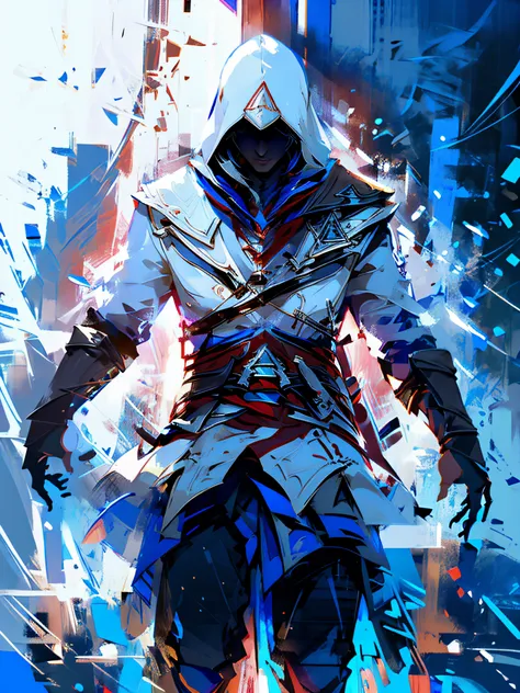 1girl, solo, white hair, blue eyes, warrior, holding a magic sword in each hand, lighting, blue lighting, assassin's creed cloak...