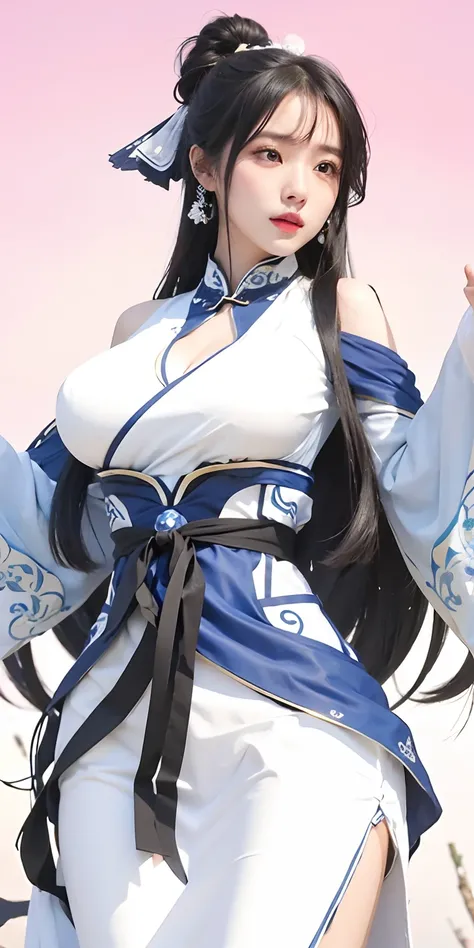 1girl,huge breast, black hair,stick hair,white blue Chinese dress, ultra detailed, masterpiece, realistic