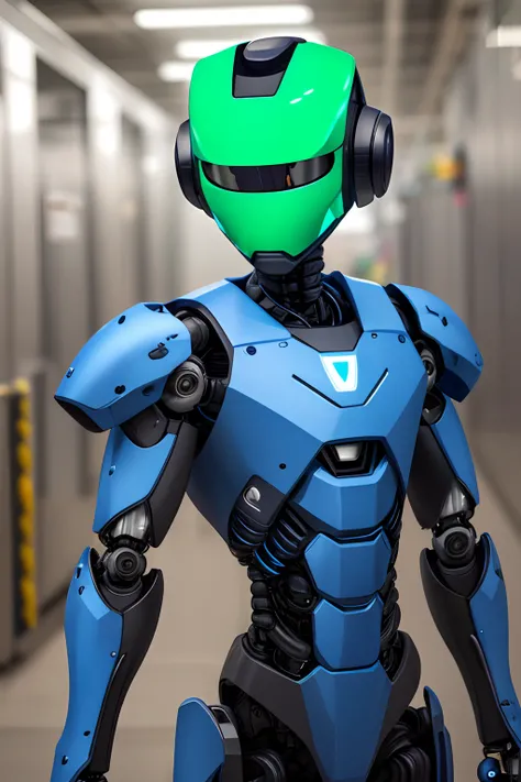 A human-looking robot wearing green armor