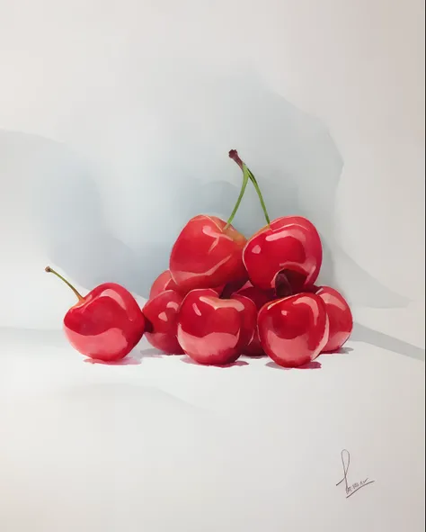 a drawing of a bunch of cherries on a table, cherries, realism drawing, there is one cherry, a pencil sketch, in a style of hyperrealism, monochrome drawing, black and white graphite drawing, minimalistic drawing, by Tom Wänerstrand, graphite on paper, bla...