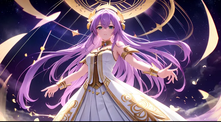 Athena with plain long light purple hair,hair between eyes,green eyes,rosy cheeks,full lips,thin eyebrows,slender body,wearing regal dress with symbols of gates and the underworld and full long skirt,cute anime girl,full body,desert night sky nebulae and s...