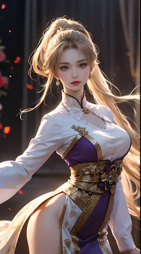 1 beautiful girl in Han costume, white thin purple silk shirt with a lot of texture, white lace top, long purple platinum ponytail Hair, Jewelry, ear jewelry, necklaces and necklaces, carefully drawn big purple eyes, makeup careful, thin eyebrows, high nos...