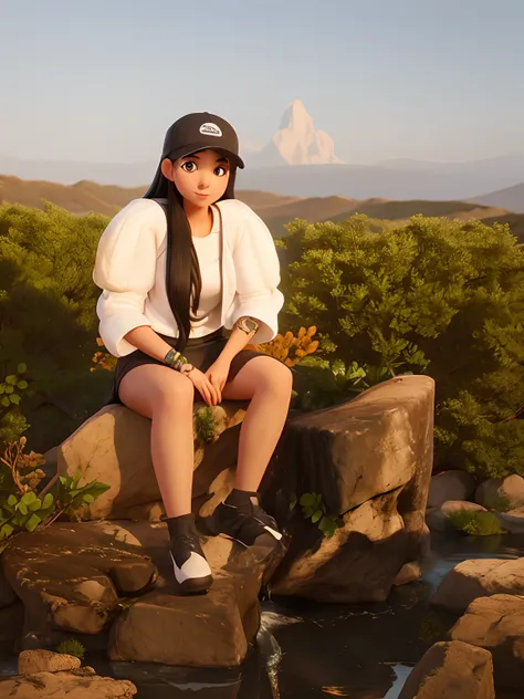 Beautiful girl with long black hair sitting on the rocks wearing black cap and white shirt, estilo Disney pixar.