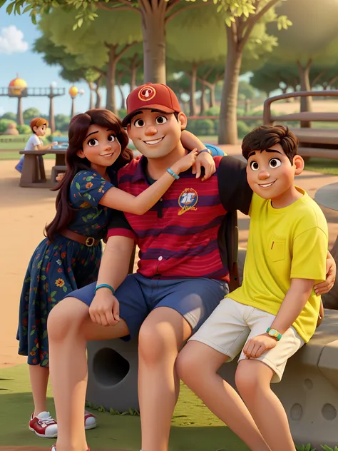 Familia sentada no por do sol no parque, estilo disney pixar, melhor qualidade