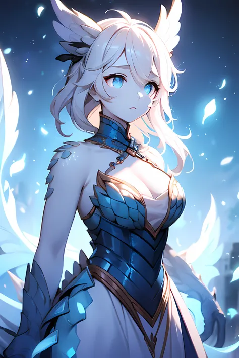 1girl, highly detailed, glowing blue eyes, wavy short white hair, ornate dress, masterpiece, pale blue scales, scales near eyes