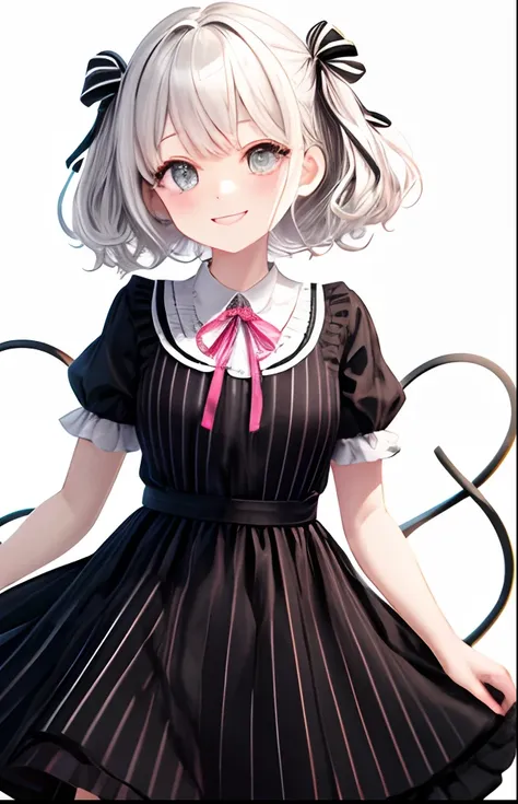 girl with、No background、without background、Background through、Golden white hair、Pink ash、short-cut、Two knots、Twin-tailed、Sareme、Gray eyes、black and white eyes、Black and white dress、Black and white striped clothes、Striped ribbon、A smile、Kind face、kawaii、wit...