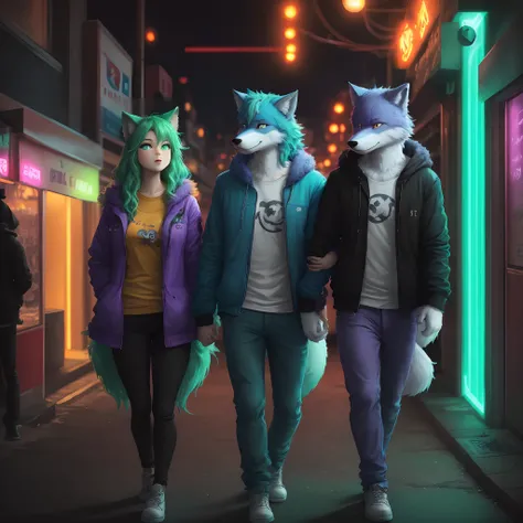 blue furry wolf blue hair blue paws and purple chin walking in the neon city together with her boyfriend Furry fox with green hair, green eyes, orange skin