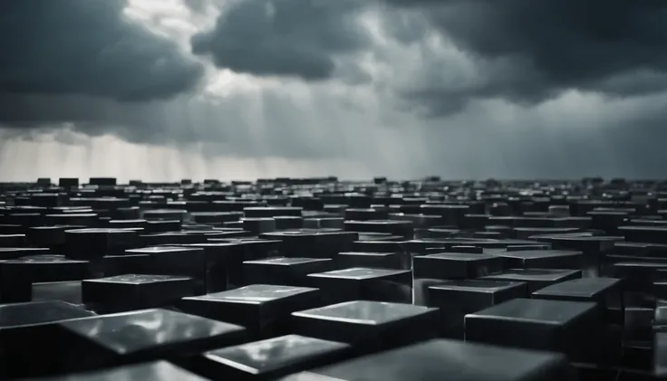 Clouds in the shape of cubes made out of steel, raining down on the flatlands