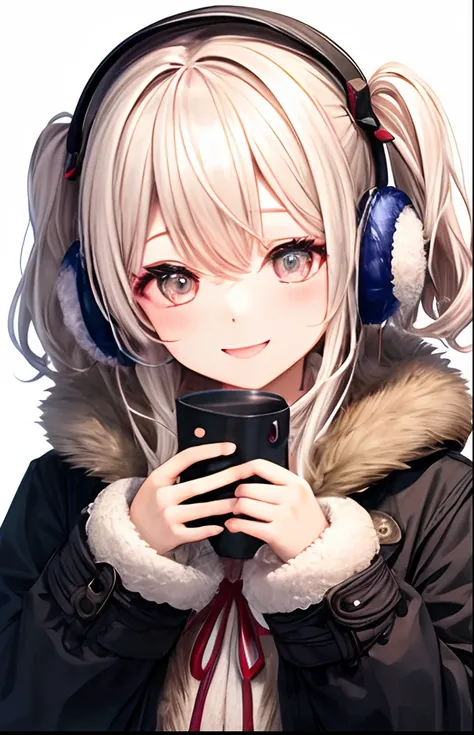 girl with、No background、without background、Background through、Golden white hair、Pink ash、short-cut、Two knots、Twin-tailed、Sareme、Gray eyes、Black coat、Winding muffler、Earmuffs、long-sleeve、Striped ribbon、A smile、Kind face、kawaii、without background