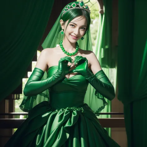 emerald tiara, Green Pearl Necklace, Boyish very short black hair, lipsticks, Japan woman smiling, very short short hair,  big breasts beautiful, Green eyes, Long green gloves made of satin material, Green eyes, Emerald Earrings, green vale, Heart with bot...