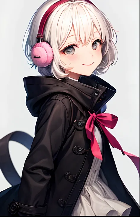 girl with、No background、without background、Background through、Golden white hair、Pink ash、short-cut、Two knots、Twin-tailed、Sareme、Gray eyes、Black coat、Winding muffler、White earmuffs、long-sleeve、Striped ribbon、A smile、Kind face、kawaii、without background