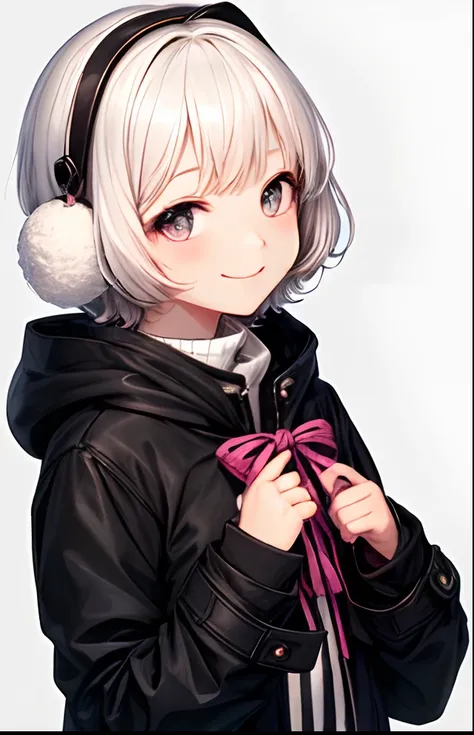 girl with、No background、without background、Background through、Golden white hair、Pink ash、short-cut、Two knots、Twin-tailed、Sareme、Gray eyes、Black coat、Winding muffler、White earmuffs、long-sleeve、Striped ribbon、A smile、Kind face、kawaii、without background